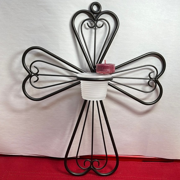 PARTYLIGHT WROUGHT IRON SCROLL CROSS CANDLE HOLDER